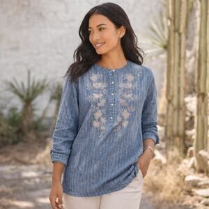 Pure Jill Indigo Women's SZ M 100% Cotton Striped Embroidered Tunic In Blue